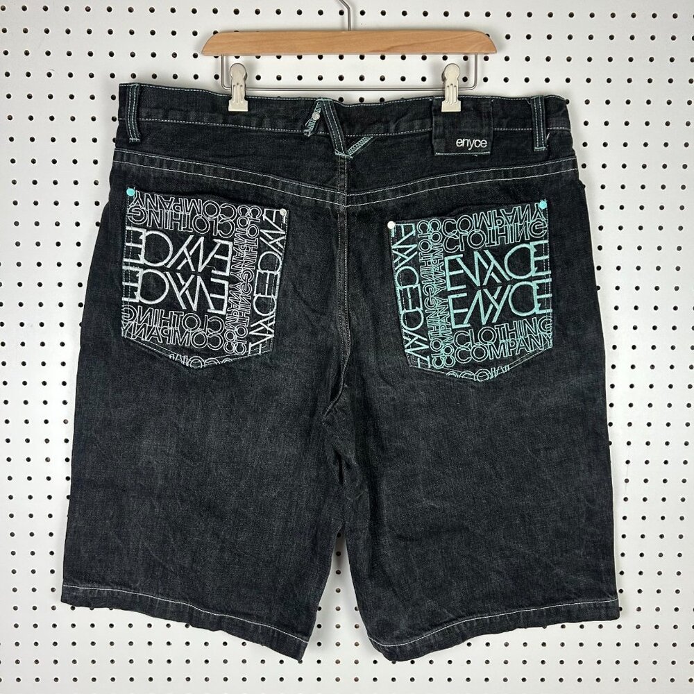 enyce Black Gothic Denim‎ Shorts Y2K Size 42 Baggy Streetwear Stitched Teal 90s
